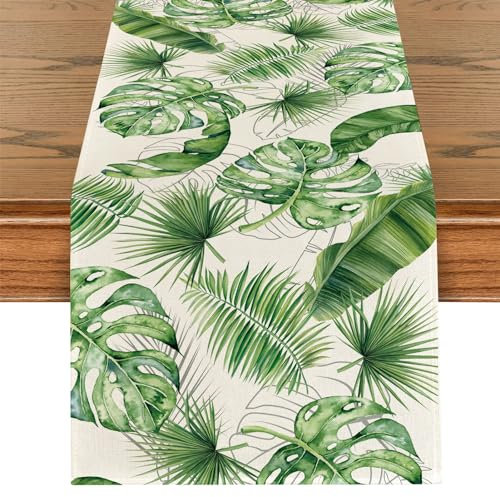 Grüne Blätter Frühling Tischläufer Tropische Palmenblätter Sommer Tischlaufer Sommer Küche Waschbar Esstisch Dekoration Tischdecke für Drinnen und Draußen Urlaub Party Wohnzimmer Dekor 40 x 180 cm