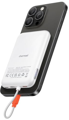 Charmast Power Bank, 20W Fast Charging Battery Pack with Built in Cable for iPhone, 5000mAh Digital Display Non-Wireless Magnetic Portable Charger Compatible with iPhone Samsung and More (White)