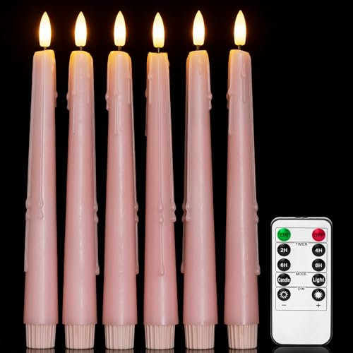 WinsTime Led Stabkerzen mit Fernbedienung, batteriebetriebene LED Kerzen Flackernde Flamme, 3D-Dochtlicht, echtes Wachs Rosa 2 x 25 cm 6 Stück, für Weihnachten, Heimdekoration