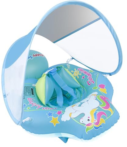 Flotador Bebe con Sombrilla, Flotador de Natación para bebé, Flotador inflable para Piscina, asiento seguro para recién nacido para Bebe Anillo de Natación Piscina Bebe, Flotador Bebe 6-36 meses(Azul)