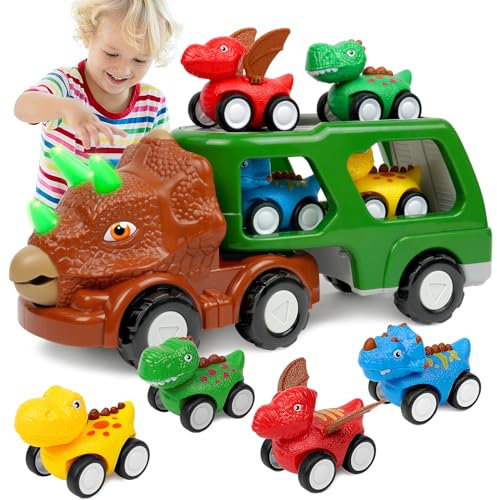 HOTUT Transporter LKW Spielzeug Autos, 5 in 1 Dinosaurier LKW Spielzeug für Kinder mit Licht und Musik, LKW Auto Transporter Spielzeug mit mini Autos ab 3-5 Jahr Jungen Mädchen