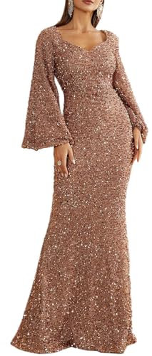 shownicer Abendkleid Langer Damen Elegant Glänzend Pailletten Kleider Langarm V-Ausschnitt Maxi Kleid Schlitz Ballkleid Festlich Hochzeitsgäste A Gold XL