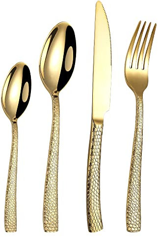 Ensemble d'argenterie 32 pièces avec poignée en écailles de poisson, ensemble de couverts pour 8 personnes, ensemble d'ustensiles de coutellerie en acier inoxydable 18/10, ensemble doré comprenant co