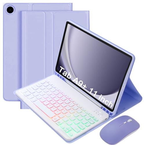 VLEAQC Keyboard Case for Samsung Galaxy Tab A9+/A9 Plus 11 Inch 2023 (SM-X210/X216/X218), Detachable Color Backlit Bluetooth Keyboard and Mouse, Slim Lightweight Stand Cover with Pen Holder,Purple