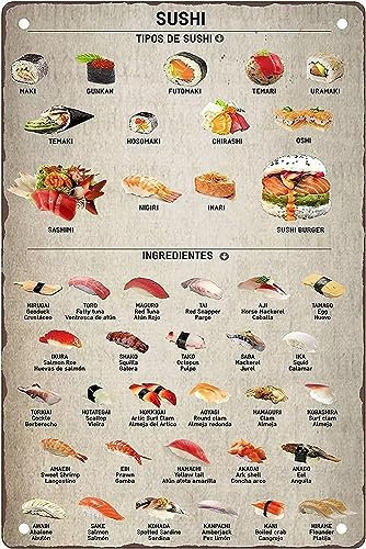 Oudrspo Metall-Blechschild „Sushi Knowledge, Sushi-Typen, Infografiken, Poster, Wandkunst, für Bar, Club, Küche, Garten, Geschäft, Heimdekoration, Metallschild, 20,3 x 30,5 cm