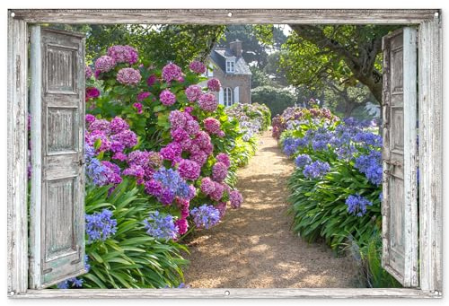 MuchoWow© Gartenposter Groß XXL Outdoor Bilder Gartendeko für draußen | 180x120 cm - Wetterfest Garten Deko Terrasendeko Banner Bild Dekoration Fensterblick - Hortensie - Blumen