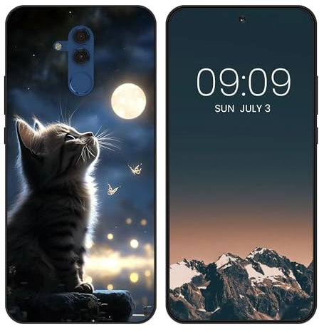 WUACYEAMING für Huawei Mate 20 Lite Hülle,Mode Schutzhülle Schwarz Handyhülle mit Aesthetic Muster Weich Silikon Dünn TPU Stoßfeste Kratzfest Schutzhülle Cover-Der Mond und die Katze
