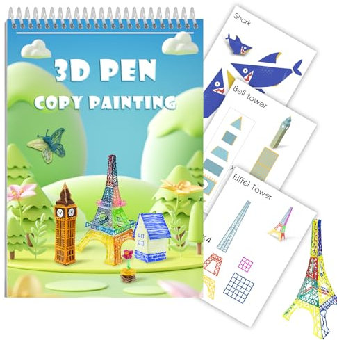 CKMOREL 3D-Druckstift, Zeichenbuch, Spiralbindung mit transparenter Vorlage, 40 Muster, wiederverwendbar, Graffiti-Vorlage, ideales DIY-Geschenk für Kinder, inklusive Tiertransport, Haus, Bau,