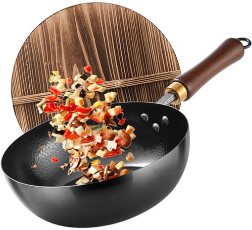 UMETRE Wok en acier au carbone, poêle à frire et sauteuse avec couvercle en bois, wok antiadhésif, sans revêtement chimique, fond plat martelé à la main pour gaz