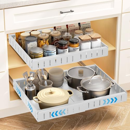 devesanter Teleskopschublade, Ausziehbare Schublade für Kabinett Metall Slide Out Organizer Küche Aufbewahrungsregal Klebebänder Korb Schublade für Schrank, Weiß