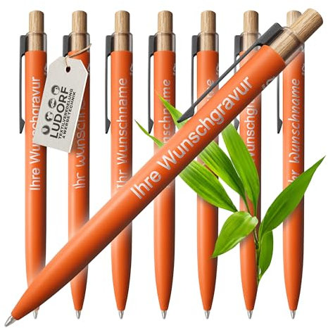 #teamludorf - 50x Aluminium Kugelschreiber mit Lasergravur - Metallclip, Bambusdrücker, blau schreibend - personalisiertes Werbegeschenk, Farbe:Orange, Menge:50 Stück