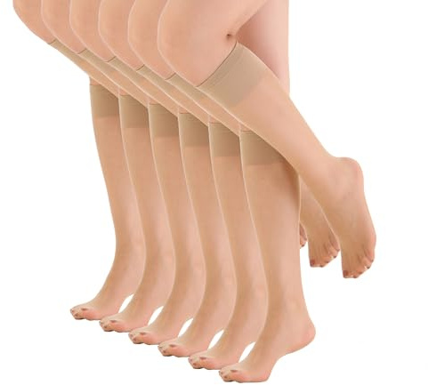 EVERSWE 6 Pairs Women's Sheer Knee High Stockings 15D (Nude,One Size)
