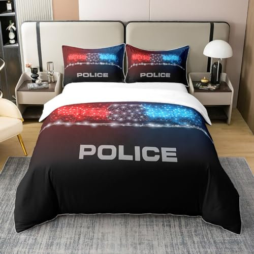 Loussiesd Polizei Bettwäscheset Polizeiauto Blau Rot Lichter Bettwäsche Set 135x200cm 100% Baumwolle für Kinder Jungen Mädchen Polizei Gangster Bettbezug Set Öffentliche Sicherheit Betten Set