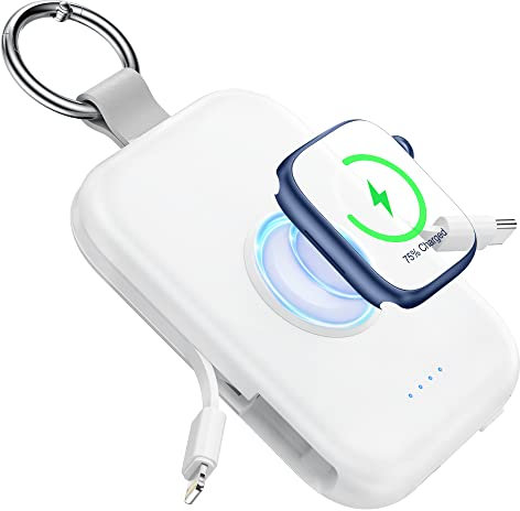 RORRY Power Bank, 5000mAh Externe Handy Akkus mit eingebauten Kabeln, Schlüsselanhänger Powerbank Kompatibel mit iPhone 16/15/14/13/12 und für Apple Watch 9/Ultra 2/8/Ultra/7/6/Se/5/4, Weiß