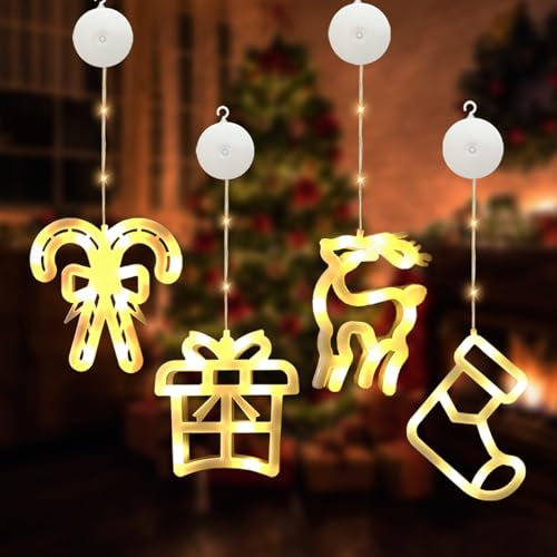 4 Pezzi Luci Natalizie per Finestre con Ventosa, Lucine LED Decorative,Stella di Natale Luminosa Lampada a Ventosa, Luci per Finestre, Scala, Luci Albero Natale, Decor Natalizie Esterno Interni (A)
