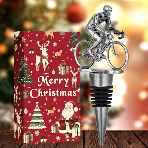 LKKCHER Cadeau Noel, Bouchon de Bouteille de Vin Vélo, Cadeau Noel Homme, Papa, Idee Cadeau Noel, Cadeau de Fête des Pères, Argent avec Emballage de Noël et Carte de Noël