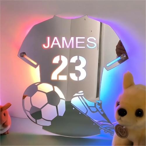 Andisijq Luz de espejo de camiseta de fútbol personalizada, decoración de fútbol, letrero de neón personalizado, luz nocturna, habitación de los niños, multicolor, acrílico y silicona, 37 x 42 cm