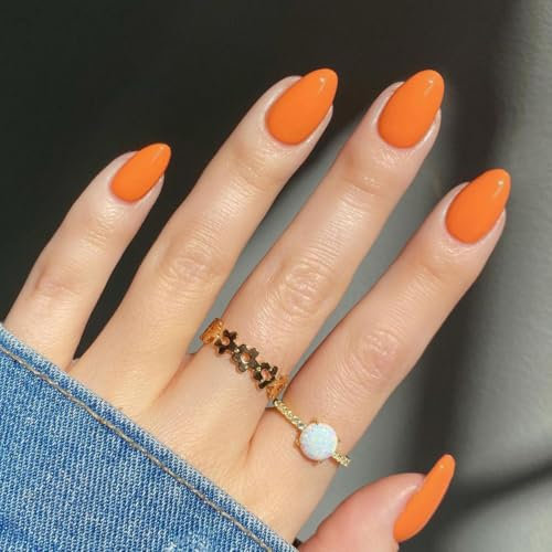 Orange False Nails Short Oval, SXVME Simple Acrylic Press on Nails Short, Orange Fake Nails Natural Fit Solid Gel Full Cover Short Round Acrylic Nails For Women Daily Wear