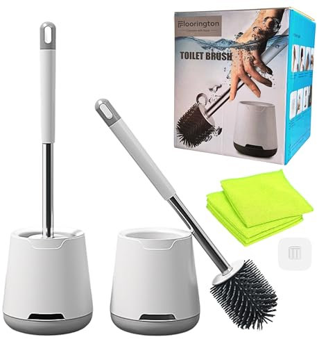 FLOORINGTON Silicone Toilet Brush & Holder Set 2 PACK, Bathroom Toilet Cleaning Kit with Quick Drying Holder, Deep Cleaning Rubber Loo Brush for Superior Bathroom Care with Free 2 Microfibre Cloth
