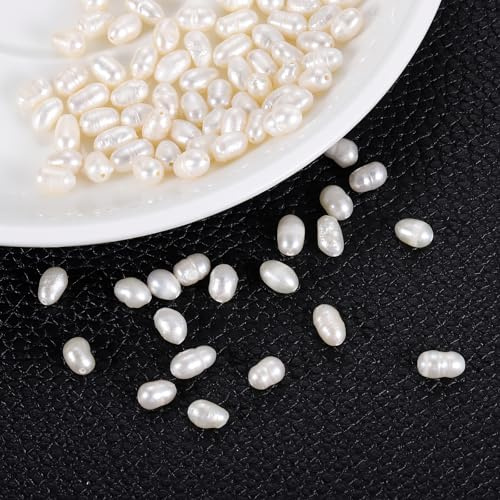 QUARKZMAN 100 Perle d'Acqua Dolce Forma Ovale a grano di Riso 4-5mm Bianco | Gemme Sfuse con Foro 0.8mm, per Creazioni di Gioielli in Corda di Pelle Fai Da Te