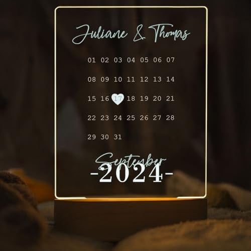 GRAVURZEILE Beleuchtetes Acrylglas - Kalender mit Jahrestag - Personalisierte mit Namen & Datum - Pärchengeschenk zum Jubiläum - Geschenk zur Hochzeit Valentinstag für Sie & Ihn - Farbe: Petrol