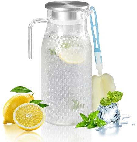1Pcs 1.6 Liter Caraffe Brocche Plastica con Coperchio e Manico in Acciaio Inox, Caraffa Acqua in Acrilico, Brocca Plastica Trasparente per Frigorifero, Infrangibile, Caraffa Plastica per tè Freddo