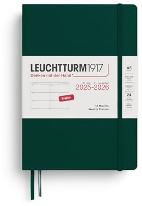 LEUCHTTURM1917 372812 Wochenkalender Medium (A5) 2026, 18 Monate 07.2025-12.2026, Forest Green, Englisch