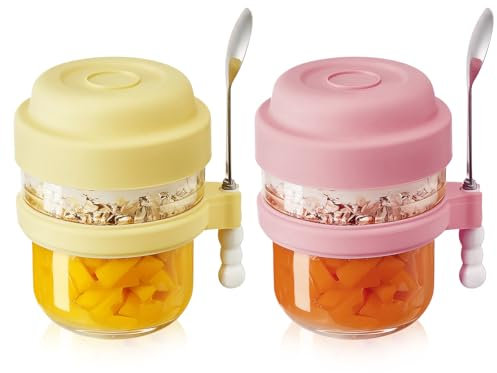2PCS Porta Yogur, Taza de Cereales para Llevar, Taza de Cereales con Cuchara, Termo de Comida Caliente, Termo Comida Bebe Adulto, Tarros de Cristal con Tapa para gachas, café, lavavajillas.