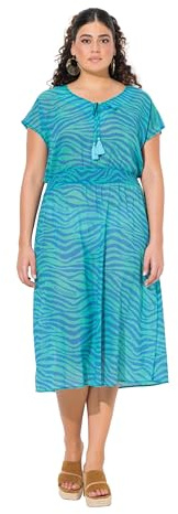 Ulla Popken Damen große Größen Übergrößen Plus Size Midikleid, Zebramuster, A-Linie, V-Ausschnitt, ärmellos tiefes Aqua 42+ 838483740-42+