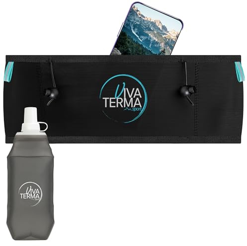Viva Terma Laufgürtel + Soft Flask 500 ml, Laufgürtel für Damen, Laufgürtel für Herren, zum Laufen, Trailrunning und Wandern, Schwarz , L/XL, Laufgürtel mit Taschen zur Aufbewahrung von persönlichen