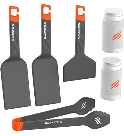 Blackstone 5984 Campinggrill-Werkzeug-Set, 6-teilig | Blackstone® 5984 Camping Grillplatten Zubehör - Spatel, Zange, Schaber & Quetschflaschen