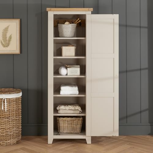 The Furniture Market | Cheshire Dove Grey | Single Shaker Linen Storage Cupboard | Tall Shaker Storage Cabinet | Adjustable Shelves & Hooks | Minor Assembly Required | H 1800 x W 610 x D 410mm