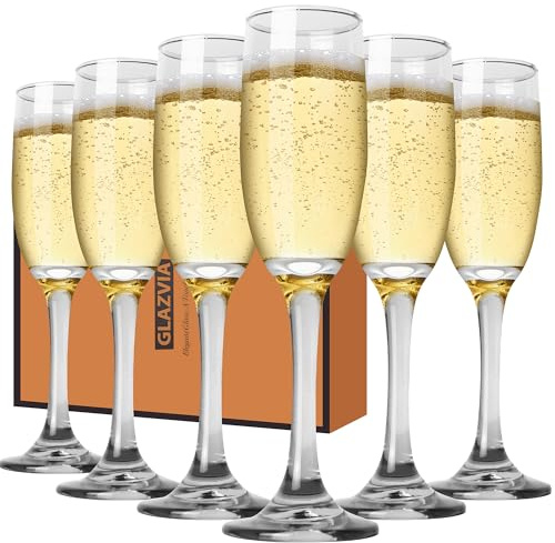 GLAZVIA Champagne Flutes Glasses Set of 6, 6oz Elegant Glass | Classic Long Stem Clear Champagne Flute Gift for Wedding, Anniversaries, Parties, Birthday, Restaurant, Home Bar