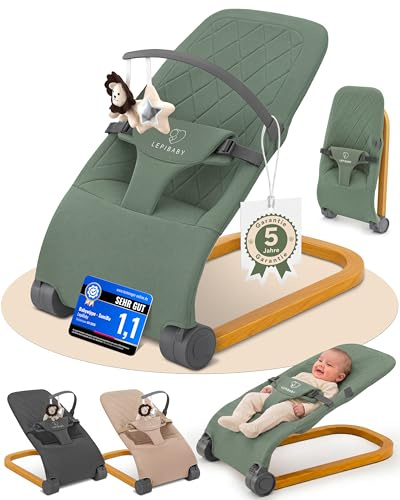 LepiBaby Babywippe Neugeborene, 0 bis 12 Monate, Baby Wippe, Baby Bouncer | Faltbarer Baby Rocker, Babyschaukel mit Spielbogen, Verstellbare Babywiege, Baby Schaukel leicht waschbar, SamiBu Grün