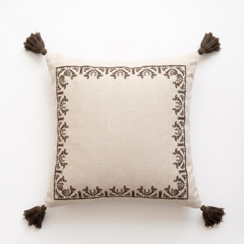 SALAD HOUSE Wabi-Sabi Kissenbezug 50x50 mit Quasten in Beige – Hochwertiger Natur-Look – Minimalistischer Kissenhülle aus Leinen-Mix – Artisan-Stil für Sofa & Bett