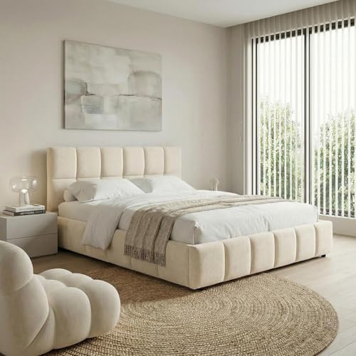 IDIMEX Polsterbett Emilia 180x200 cm, Cremeweiß - Bett mit Lattenrost, Bettgestell mit gepolstertem Kopfteil, Stoffbett mit moderner Steppung, Modernes Design und stabile Konstruktion