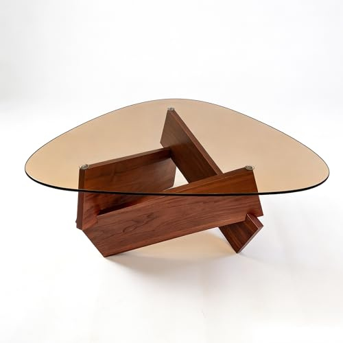 DazzlingZLL Couchtisch Holz, 90CM Modern Wohnzimmertisch mit Holz Beine & Dreieck Hartglas, Klein Sofa Beistelltisch Kaffeetisch für Wohnzimmer, Apartment, Büro & kleine Räume(Walnuss | Braun)