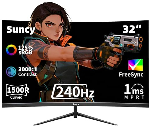Suncy 32 Zoll Curved Gaming Monitor, FHD 1080p, 240Hz, 1ms MPRT, VA-Panel, FreeSync Premium, HDR, DP1.4, Metallständer, VESA-Montage, Schwarz