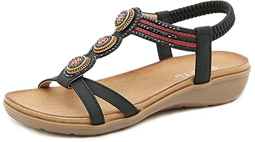 OverDose Sandales Bohème Sandales Femmes Plates Strass Bride Cheville à Boucle Style Rome, Chaussures à Talons Plats Nu Pied Bout Ouvert Noir Marron Beige Grande Taille 35-42