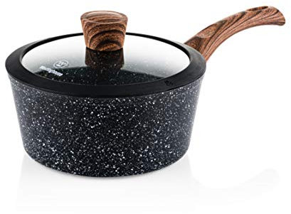 Westinghouse Stielkasserolle 20cm mit Glasdeckel, 3-lagige Marmor-Antihaftbeschichtung, aus geschmiedetem Aluminium, Genietete Griffe mit Silikonbeschichtung in Holzoptik, Spülmaschinenfest, schwarz
