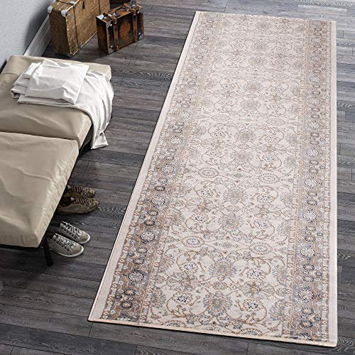 Carpeto Rugs Blumen Teppich Läufer Flur - Orientalisch Teppichläufer - Kurzflor, Weich - Flurläufer für Wohnzimmer, Schlafzimmer - Teppiche - Meterware - Weiß Creme - 120 x 300 cm