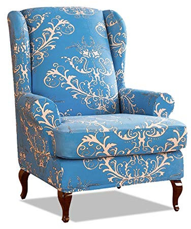 VanderHOME Ohrensessel husse mit Muster Blumen Elastisch Bezug Überzug für Ohrenbackensessel ohrensessel bezug Stretch sesselhussen Sessel bezug husse Passt Perfek für ohrensessel Blau