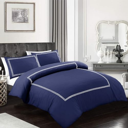 My home store Embroidered Duvet Cover Set Hotel Quality 200TC Bedding Set Soft Breathable 100% Poly Cotton Quilt Cover with Pillowcases (Bratta Stitch Navy Blue, Double)