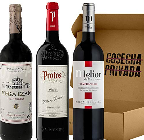 Lote 1.07 Vino Tinto Robles - Ribera del Duero - 3 Botellas - Estuche Regalo Navidad - Melior de Matarromera, Protos Roble, y Vega Izán Roble. Añadas pueden variar según bodega