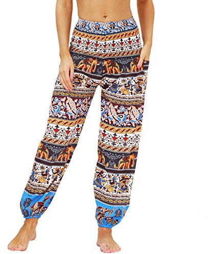 Nuofengkudu Damen Hippie Harems Hose Pumphose Haremshose Aladdinhosen Boho Gemustert Gesmockte Taille mit Taschen Yogahose Freizeithose Sommerhose Strandhose(Y-Muster B,One Size)