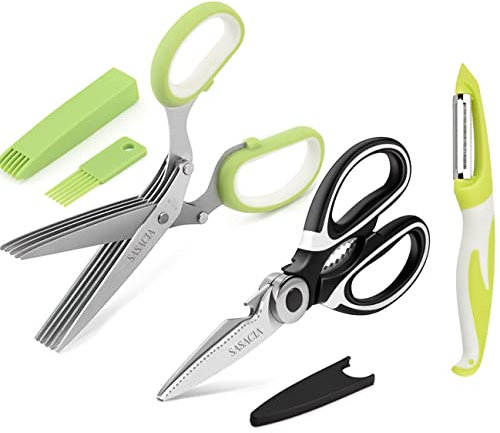 Küchenschere Kräuterschere Set – inkl. einer robusten Multifunktions-Küchenschere und 5-Klingen-Kräuterschere mit Reinigungskamm-Abdeckung Auch einem Schäler zum Schneiden von Fleisch, Kräutern usw.