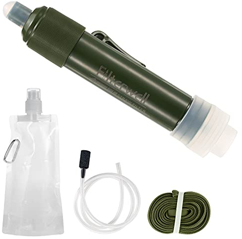 Lixada Filtro de Agua Supervivencia, Sistema de Filtración de Agua para Exteriores, Filtro de Agua Purificador de Paja con Bolsa para Beber para Preparación para Emergencias Camping