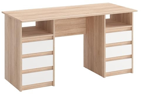 KOMTO Schreibtisch mit Schubladen - Oslo 140 x 60 x 74 cm Moderner Schreibtisch Sonoma Eiche + Weiß Bürotisch Computertisch Arbeitstisch Büro PC-Tisch Kinderschreibtisch mit Stauraum