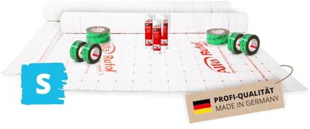Alfa Dach-Innenausbau Set S – Komplettset inkl. Folie, Klebeband und Kleber | Profi-Qualität – Dampfbremssystem mit Folie - Klebeband und Kleber für den luftdichten Dach-Innenausbau