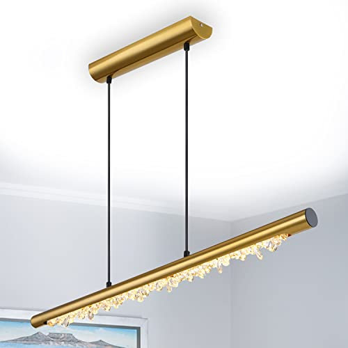 bmf-versand Hängelampe Wohnzimmer Messingfarbene Metallstab Esstisch – LED Hängeleuchte Holz - Pendelleuchte Esszimmer dimmbar über Wandschalter 3 Stufen – Pendellampe Kristall Länge 100 cm